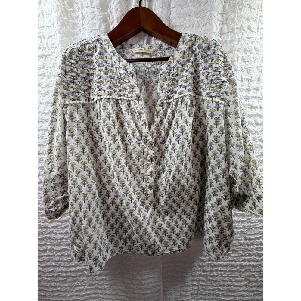 Wayward Fancies eShakti Floral Block Print Cotton Pom Pom Trim Henley Blouse
